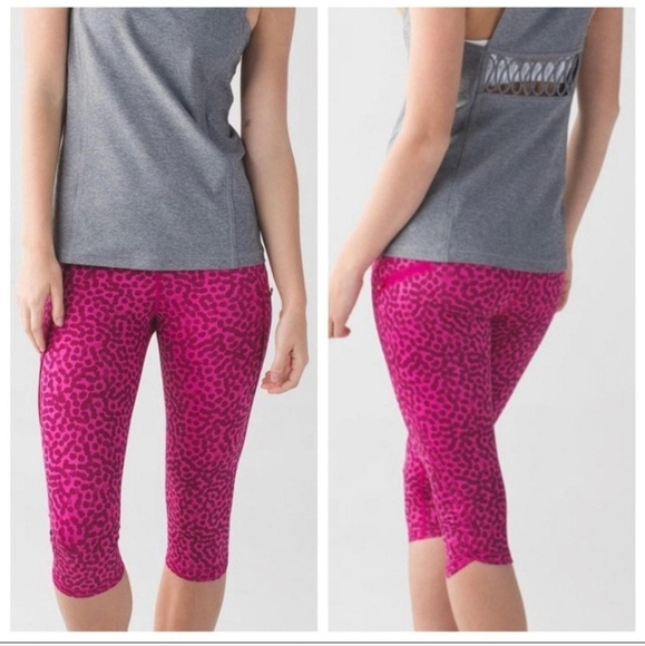 Lululemon Run Top Speed Crop Legging Ace Spot Jewelled Magenta Luxtreme Size 6 - Picture 2 of 16